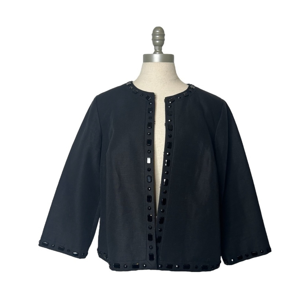 Sigrid Olsen Black Beaded Linen Cotton Blend Suit Separate Open Jacket Size 14 - Picture 4 of 16